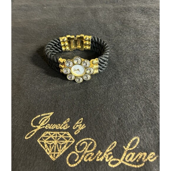 Vintage Park Lane Gold Tone Watch Black Cord Band Crystal Accents Tested J279 main image 6